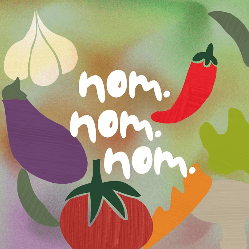 Food-themed dinner invitation template with hand-painted vegetables and "nom nom nom" lettering — free dinner party invitation design