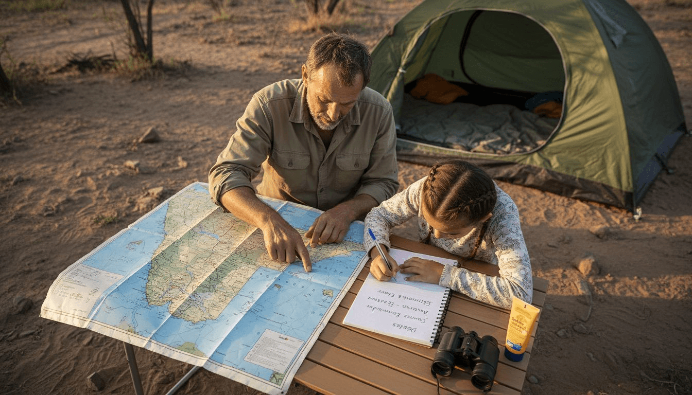 Une famille réunie autour d&nbsp;'une table, en train de préparer les grandes étapes de leur safari.