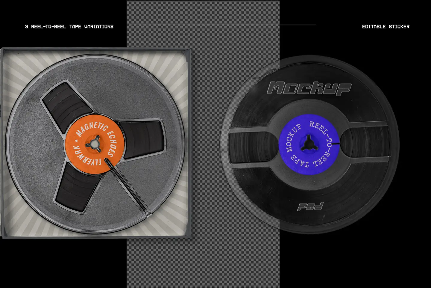 Vintage Reel Tape Box Mockup reel tape variations with editable sticker labels.