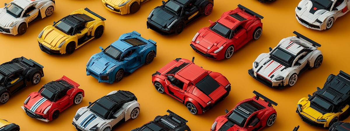 A grid of Lego cars in various colors and designs, arranged on an orange background. The image is captured from above with a macro lens to highlight the detailed construction of each car. This photorealistic scene showcases different models, including sports muscle cars like the Ford Mustang, Porsche 964, and Chevrolet Corvette, as well as racecars such as the BMW M3 and Audi R8. Each car has its own unique design and color palette, creating a vibrant display of toy vehicles.