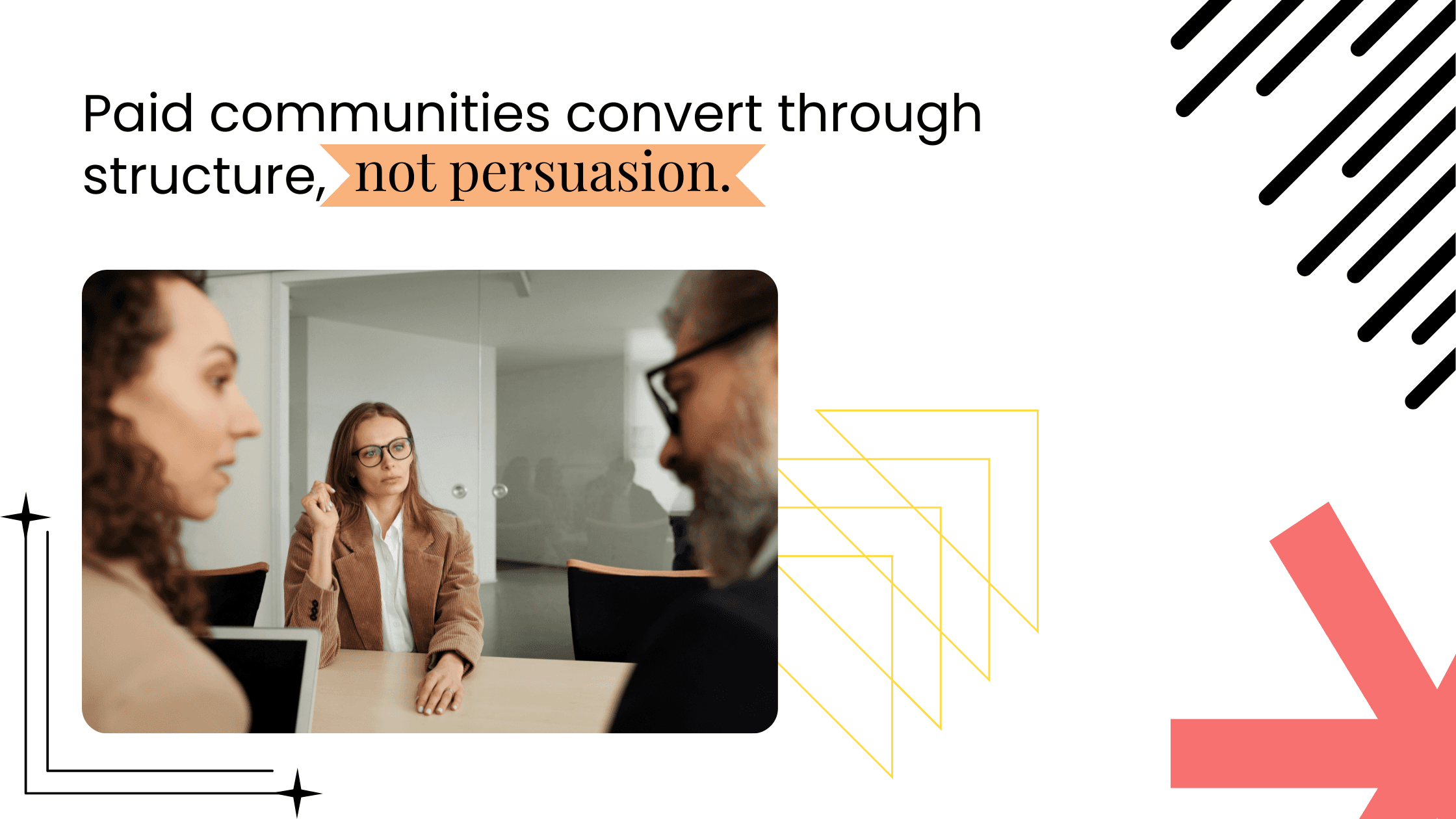Small group coaching conversation, showing how paid communities convert through clear structure and outcomes, not persuasion.
