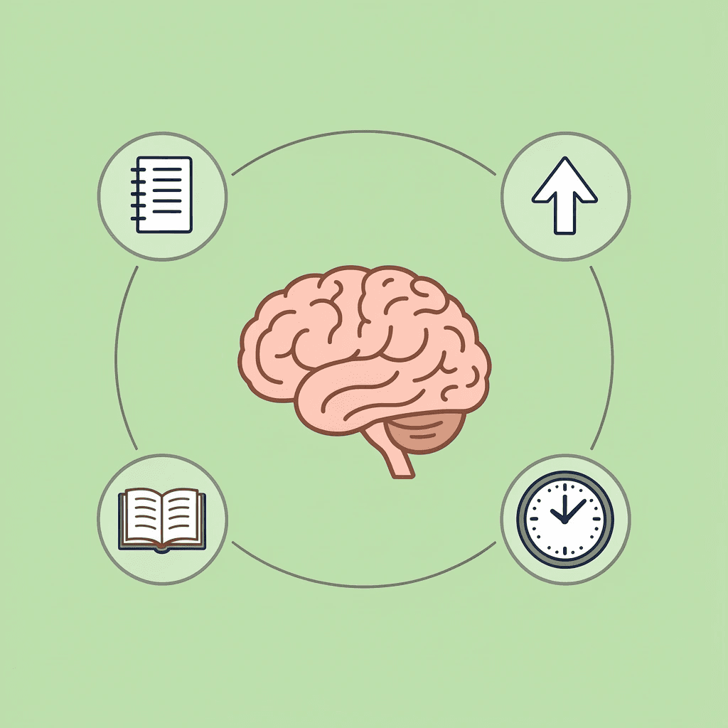 Central hub showing strategic study methods connected to memory retention, performance, and brain processing