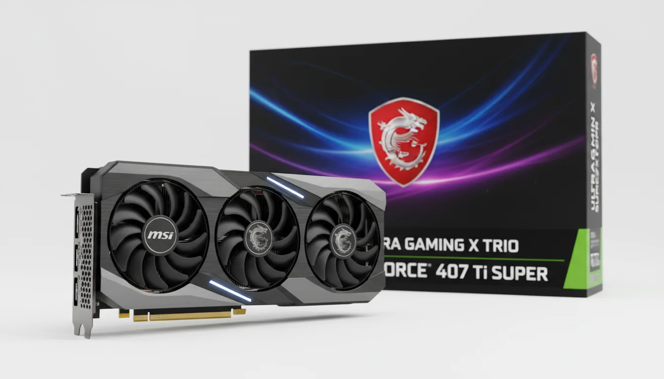 DSLR product photography of an MSI GeForce RTX 4070 Ti SUPER graphics card positioned in front of its retail box on a clean, isolated white background. The scene is illuminated by soft studio lighting, creating sharp, crisp details and minimal shadows. The triple-fan GPU in the foreground is presented at an angle, showcasing its dark grey and black metal shroud. The black retail box in the background features an abstract purple and blue light-streak design, a prominent red dragon shield emblem, and bold, vibrant green placeholder typography.