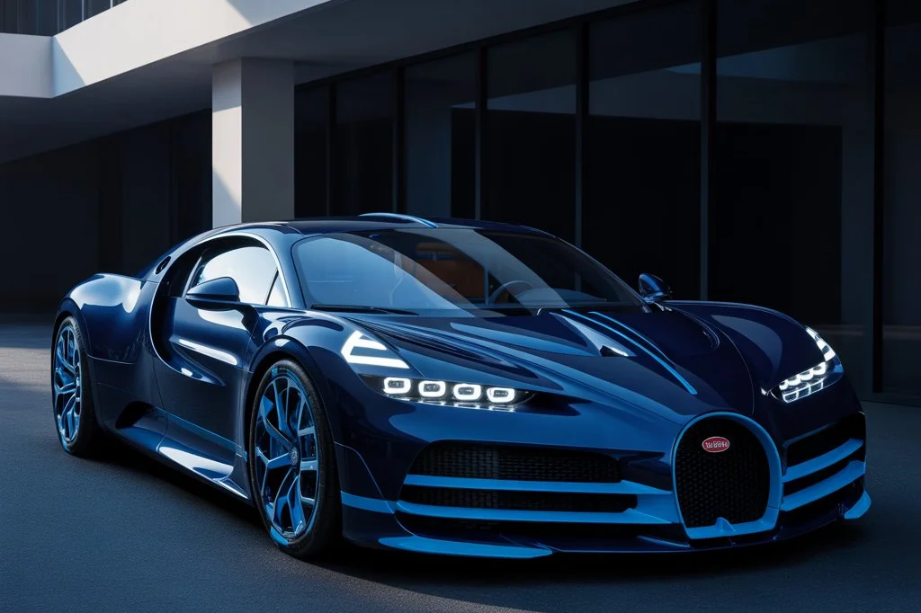 Blauer Bugatti Chiron Hypercar vor modernem Gebäude – Hypercar Versicherung deutschlandweit