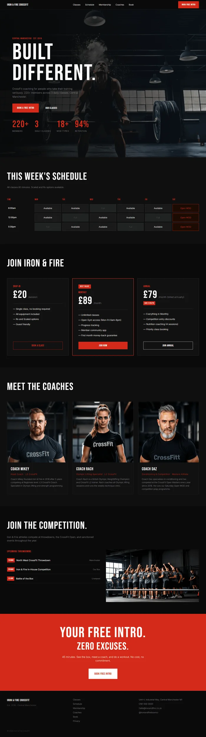 Full preview of a pure black CrossFit box website with signal red as the only accent and zero border-radius across all elements. Bebas Neue display type, a count-up stats strip, and an instant red-fill schedule grid deliver a raw, industrial energy.