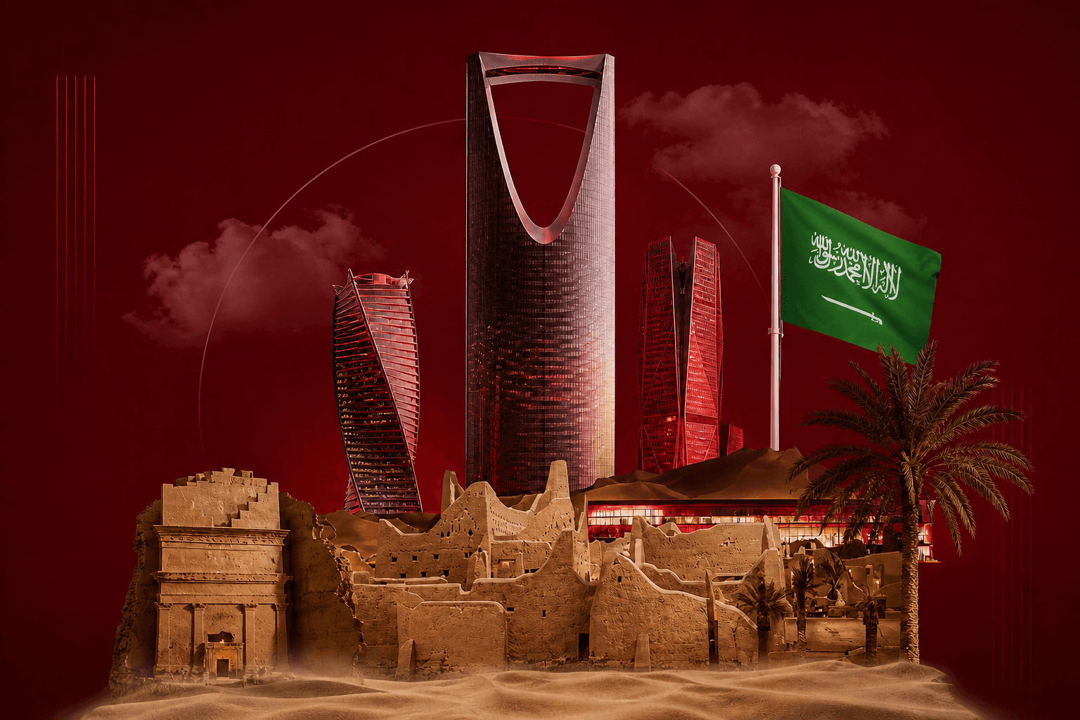 Digital marketing agency in Saudi Arabia – Riyadh skyline with Kingdom Centre Tower, traditional architecture and Saudi flag