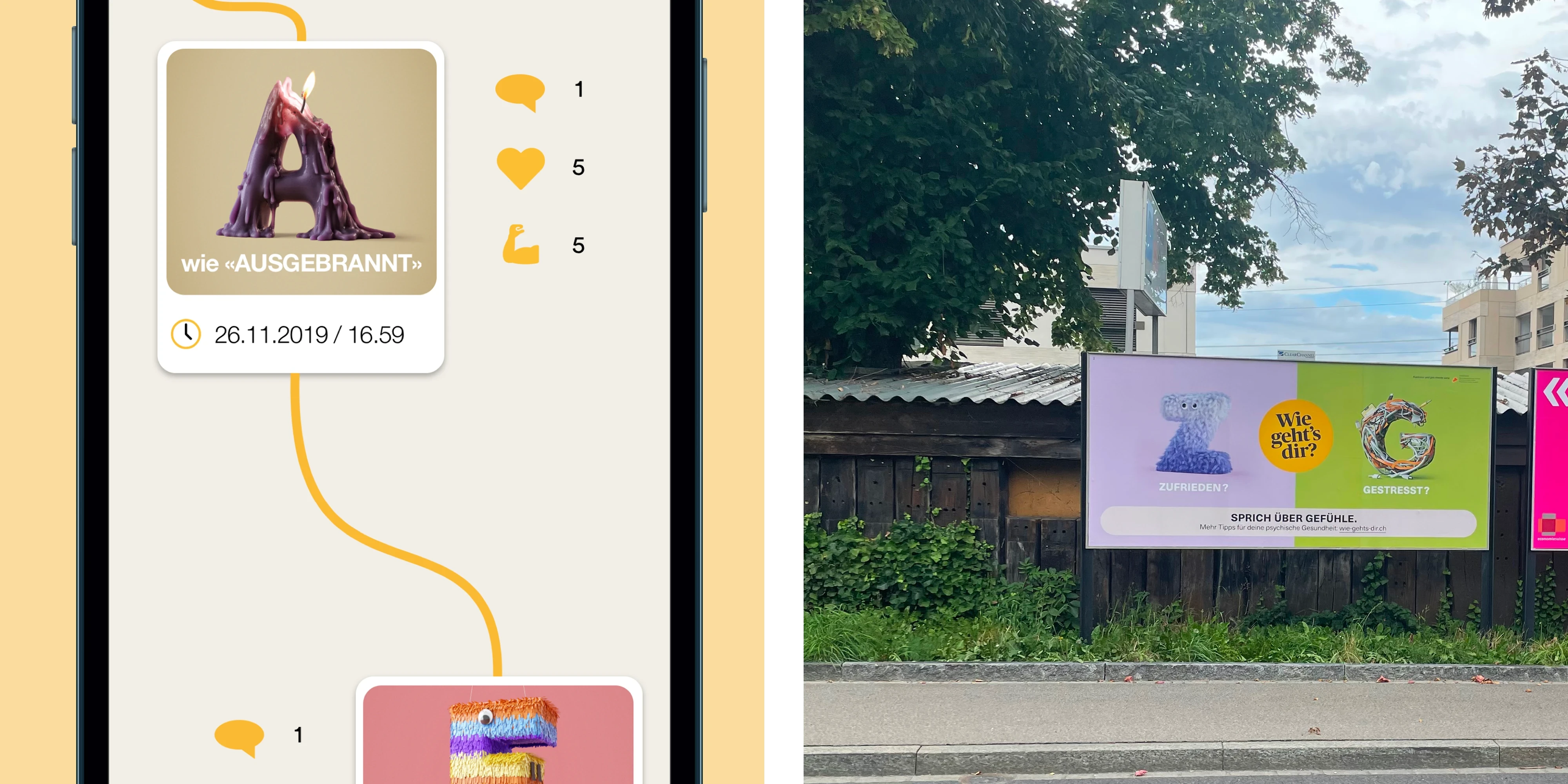 Mobile interface showing melting purple 'A' for 'Ausgebrannt' alongside outdoor billboard promoting mental health conversations