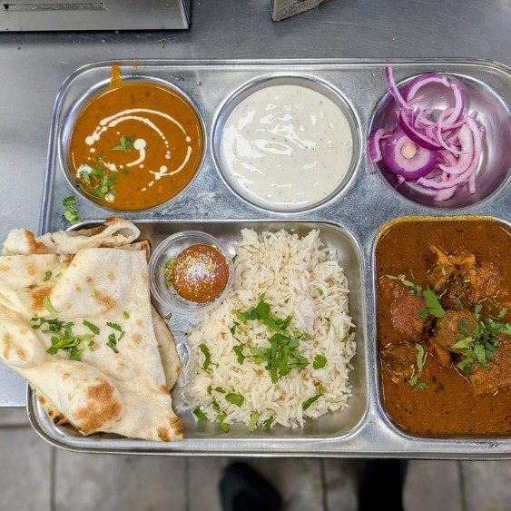 Goat Curry Thali with rice, roti and raita at Ustaad G76 Surrey Central