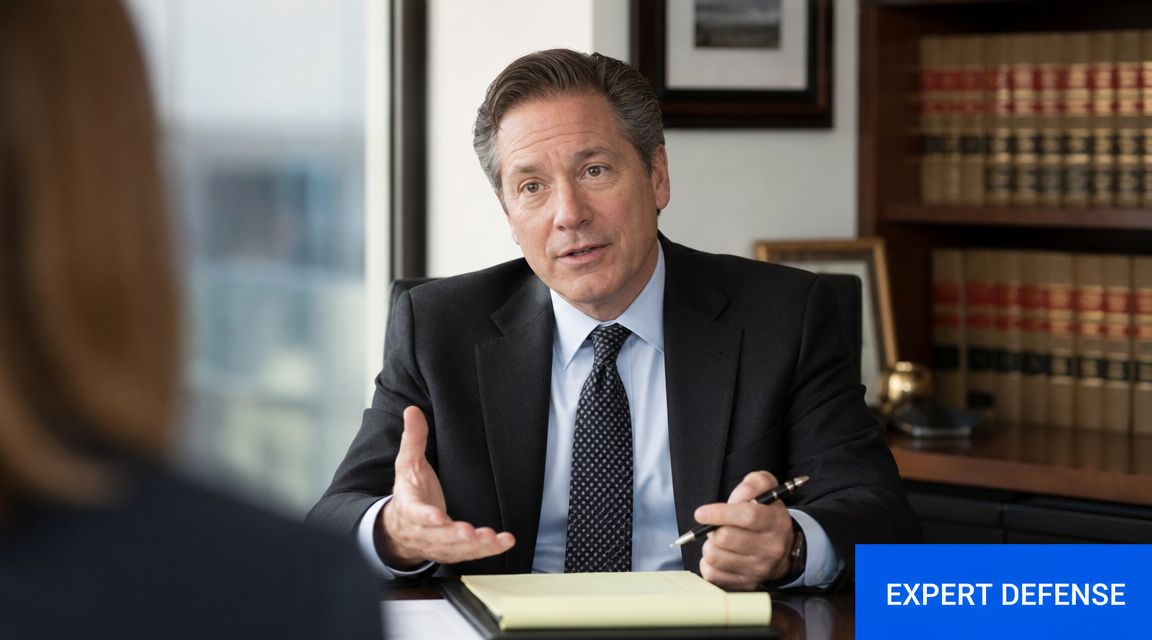 A professional male attorney in a suit consults with a client in his law office.