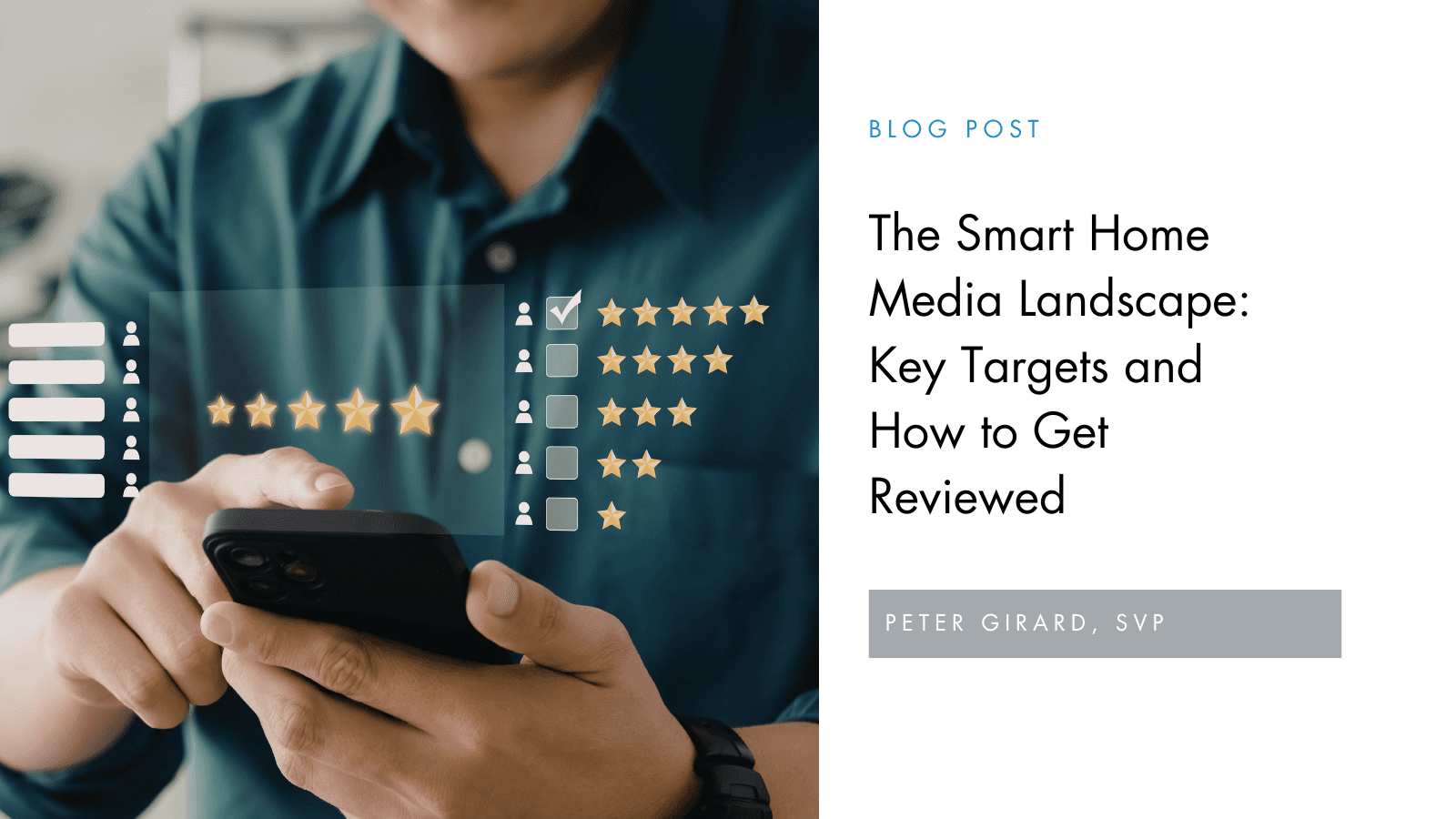 User checking product ratings on a smartphone with review icons, symbolizing the smart home media landscape and product reviews