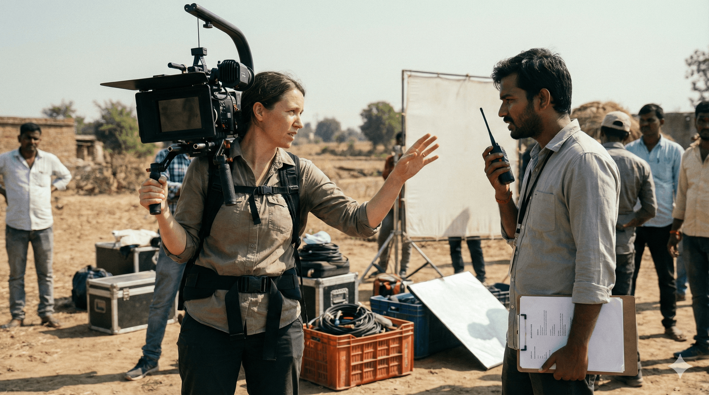 Indian film crew including a woman cinematographer coordinating a shoot on a production set