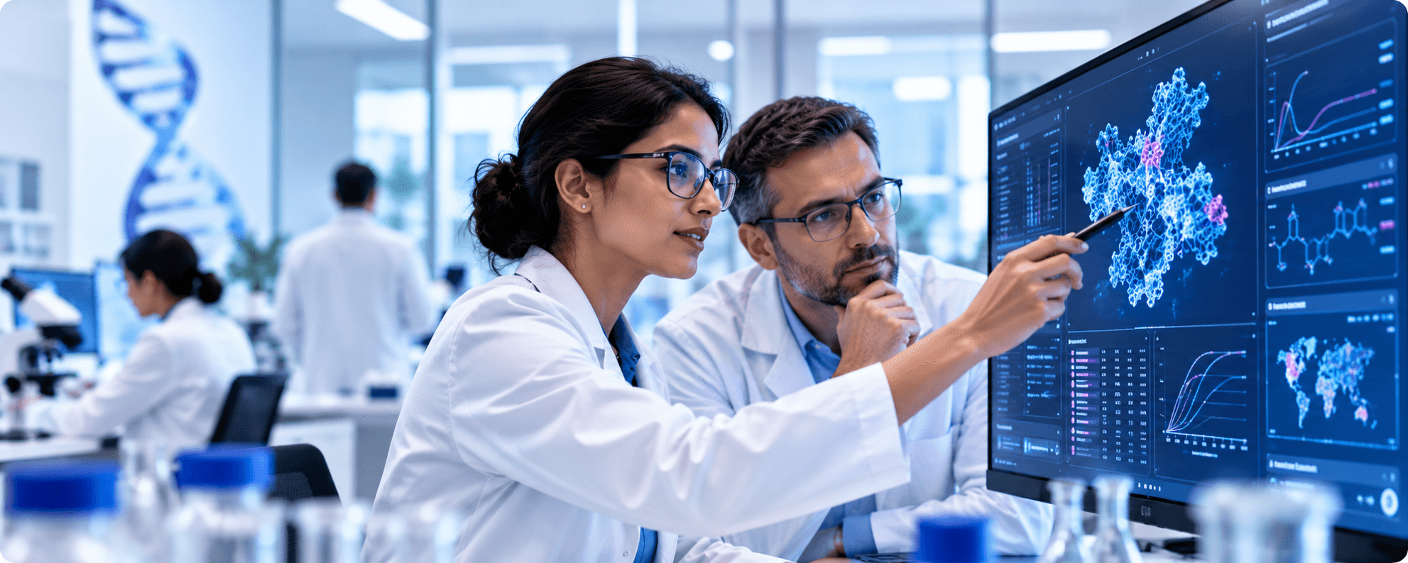 Life sciences professionals reviewing scientific data