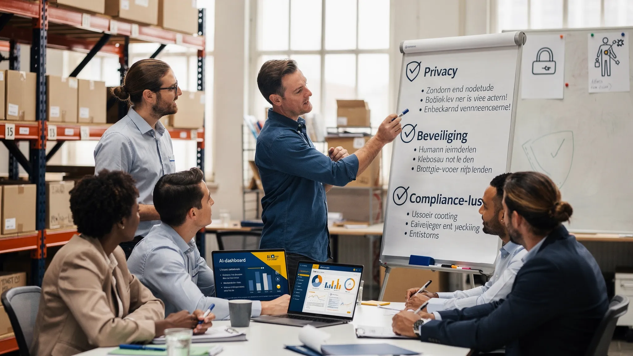 An SMB team in a warehouse office discussing a large checklist on a whiteboard with icons for privacy, security, compliance, and human-in-the-loop. In the background are shelves with boxes and a laptop with an AI dashboard in EU-themed colors.