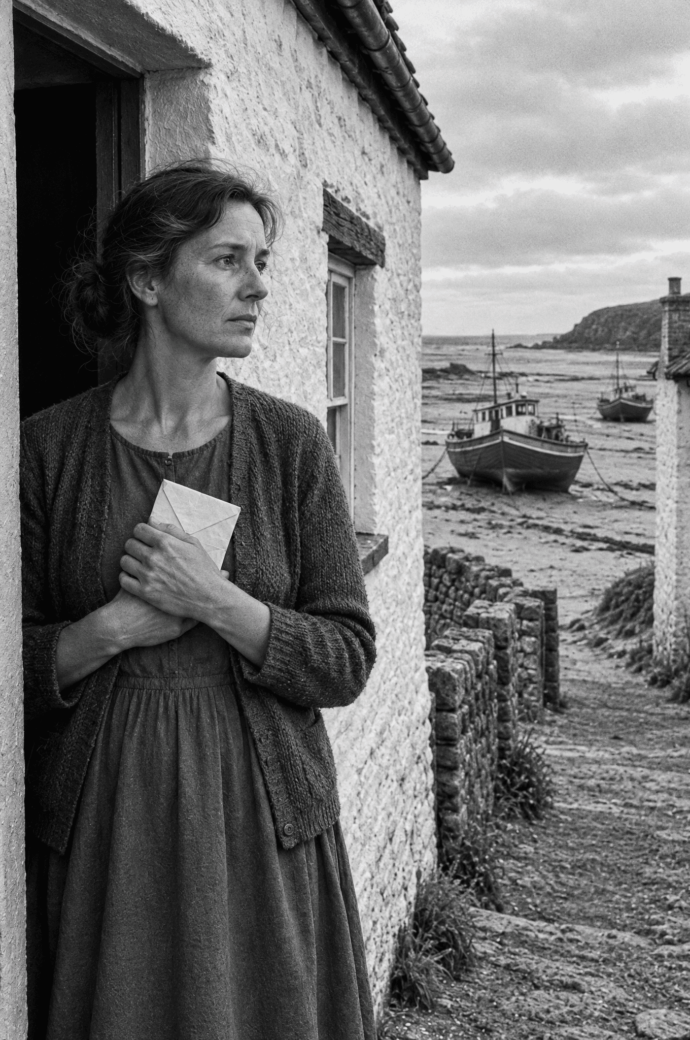 A woman in a cottage doorway holding a folded letter to her chest, stranded boats behind her