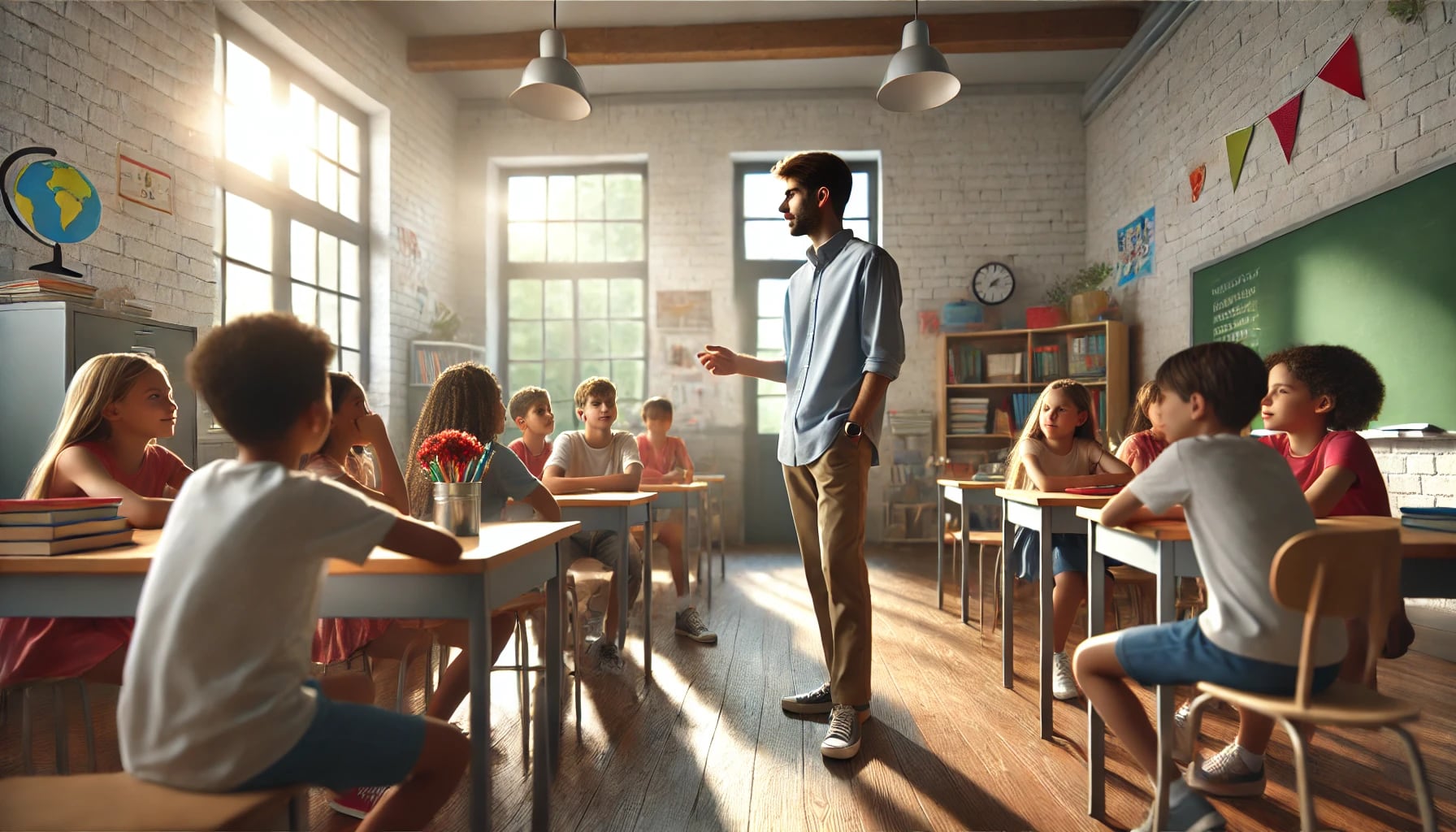 Professor em uma sala de aula descontraída, ensinando estudantes. Ele está vestindo roupas casuais e interagindo com os alunos. A sala de aula tem mesas, decorações coloridas e luz natural entrando.