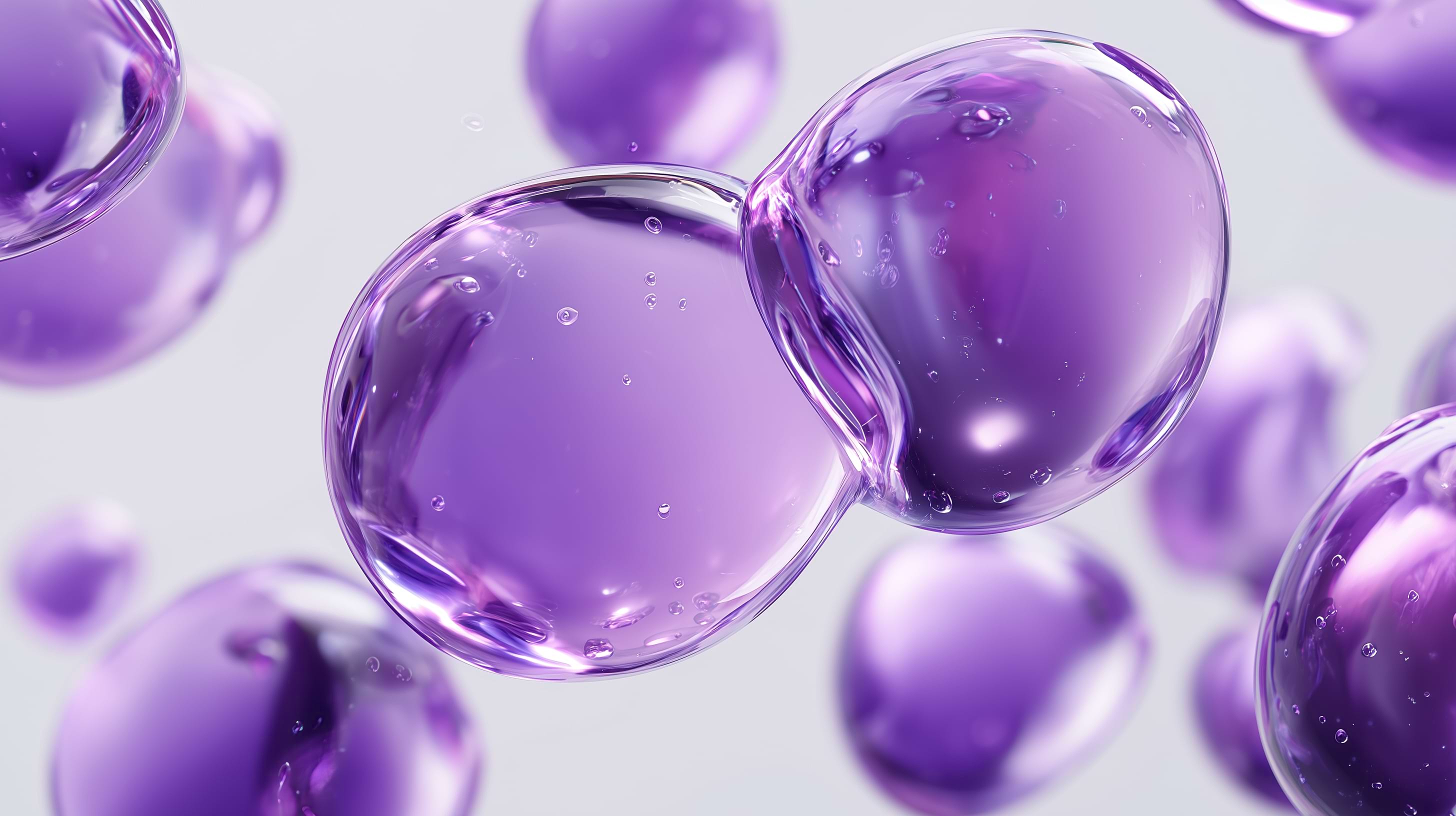Close-up of glossy, translucent purple bubbles floating against a soft, out-of-focus background. The image conveys a light, whimsical atmosphere.
