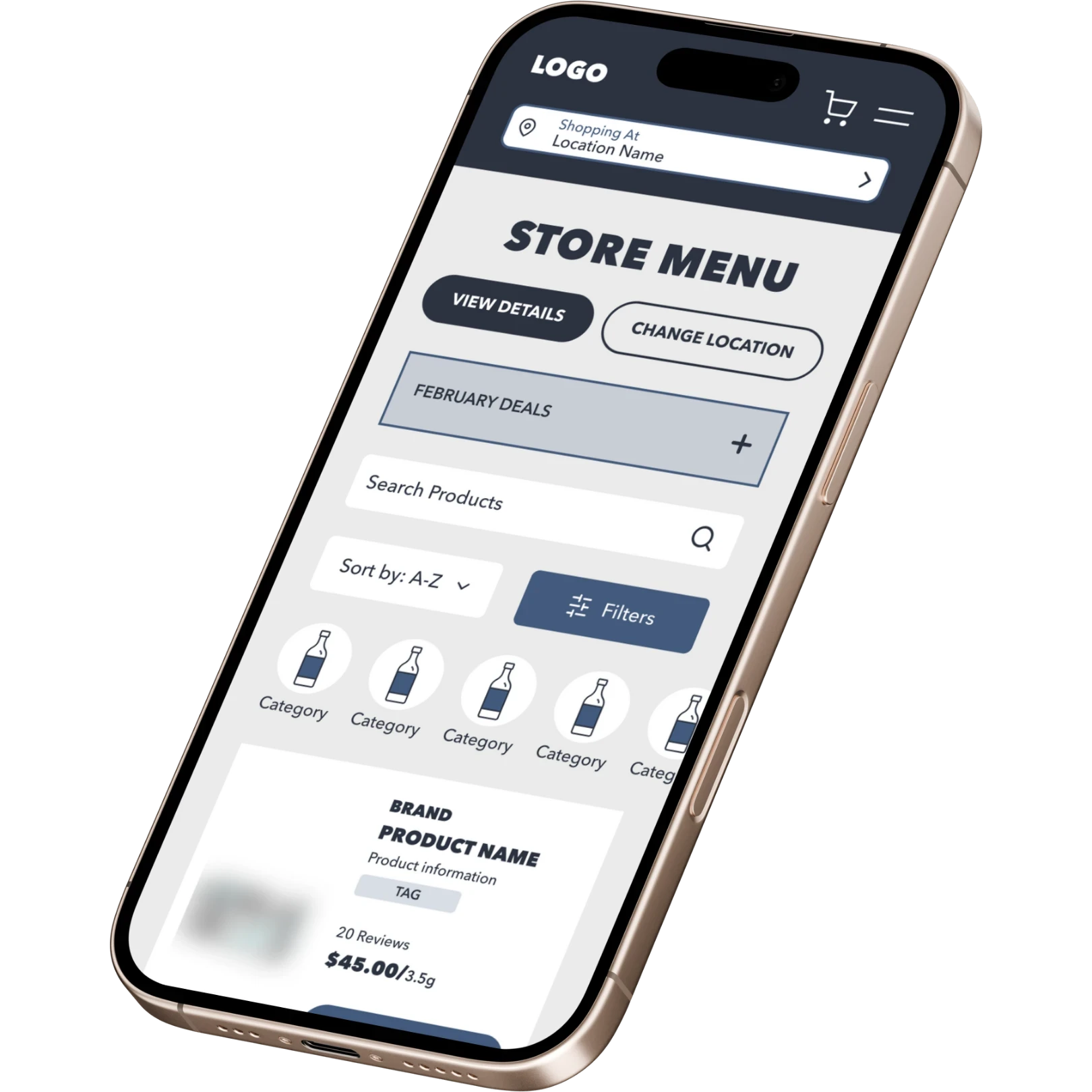 Mockup of a mobile e-commerce website interface featuring product categories, store menus, and streamlined navigation.