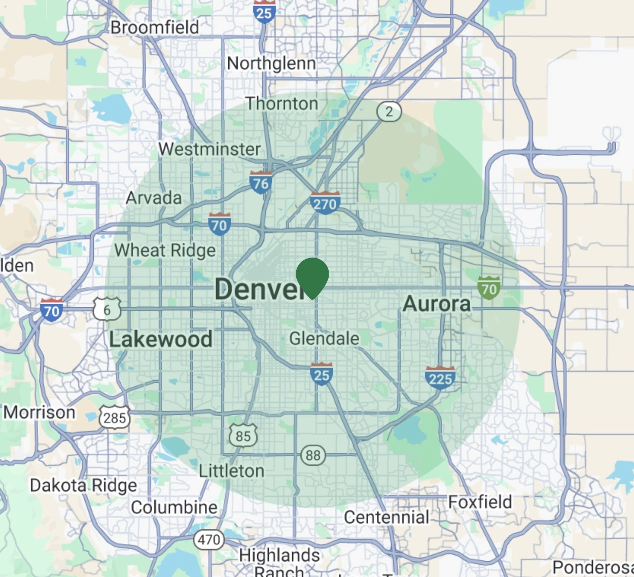 A map of Denver, CO and suburbs, with a circular area highlighted green to display the 10-mile radius of coverage.