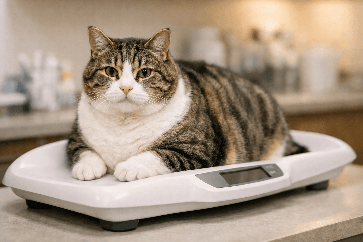 Gato acima do peso deitado em balança veterinária durante avaliação clínica