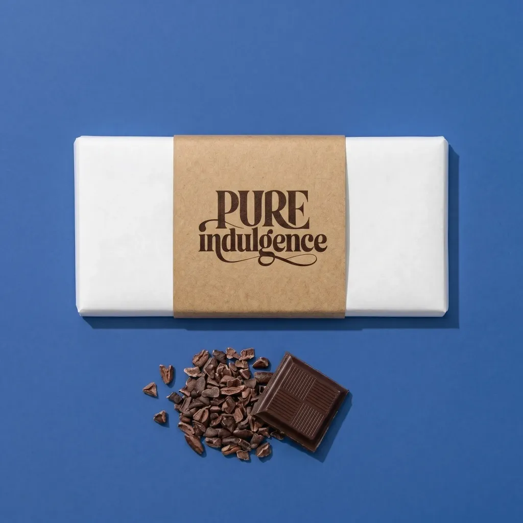Modern chocolate bar packaging design with clean typography and cocoa bean accents. By a branding expert.