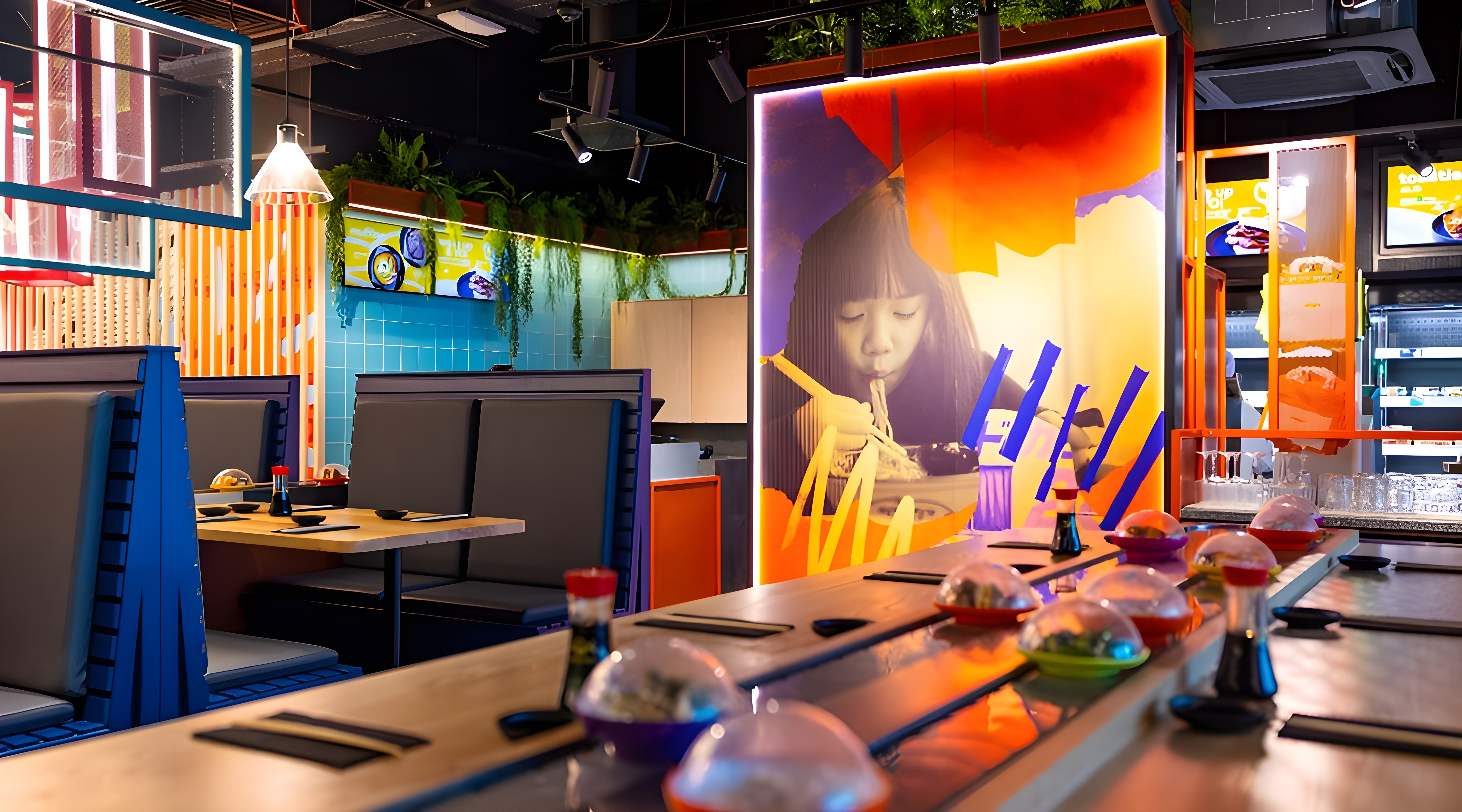 YO! Sushi restaurant fit-out with booth seating, conveyor counter and bespoke shopfitting details