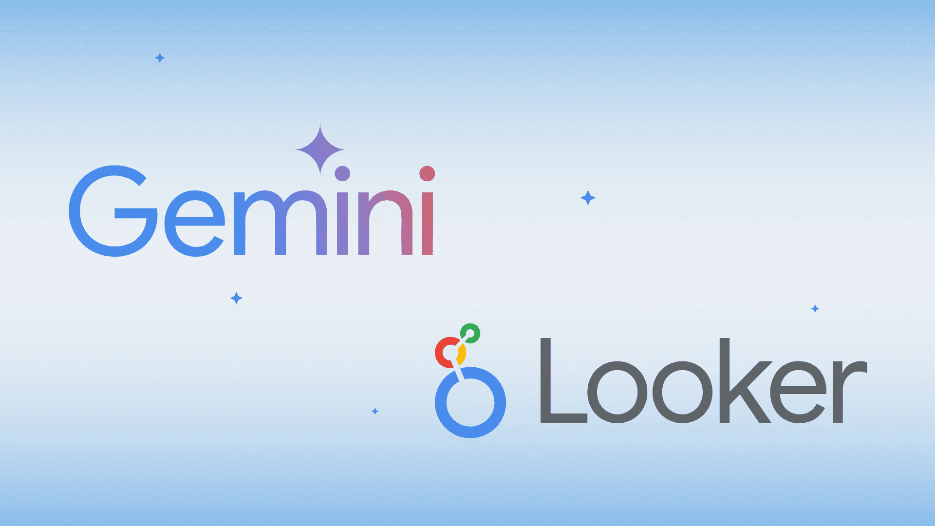 Logos for "Gemini" and "Looker" on a light blue background, symbolizing a collaboration between the two platforms -  focus on conversational analytics within Looker, enhanced by Gemini's AI. 