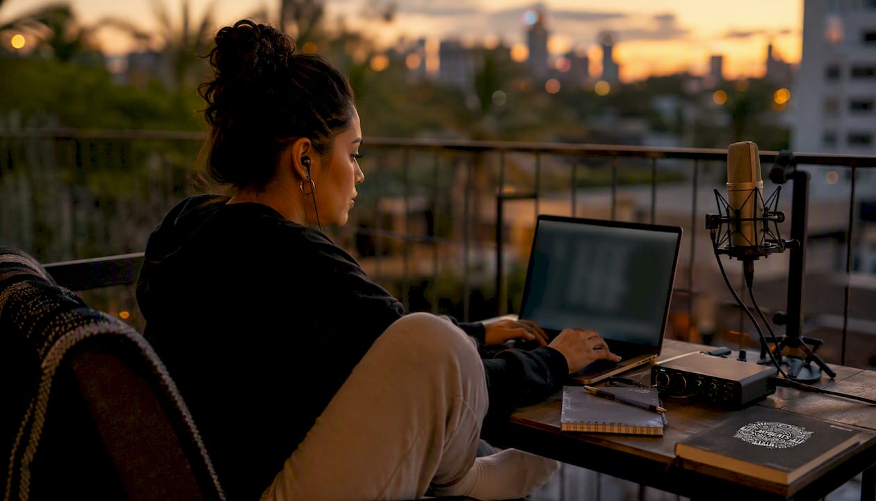 Independent artist preparing vocal files at home desk