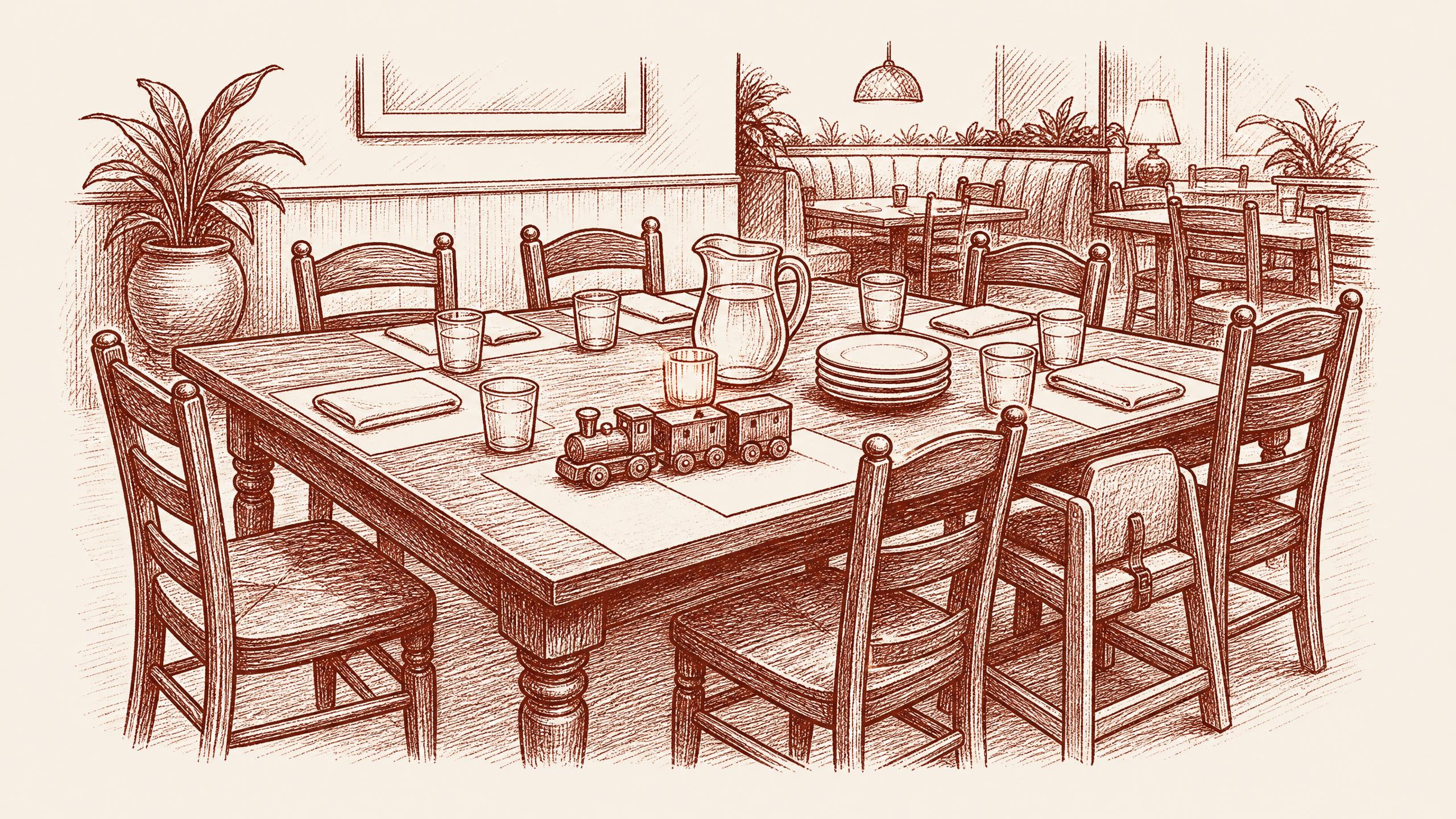 A single family table set for a relaxed meal, with six sturdy chairs, family friendly restaurants tampa