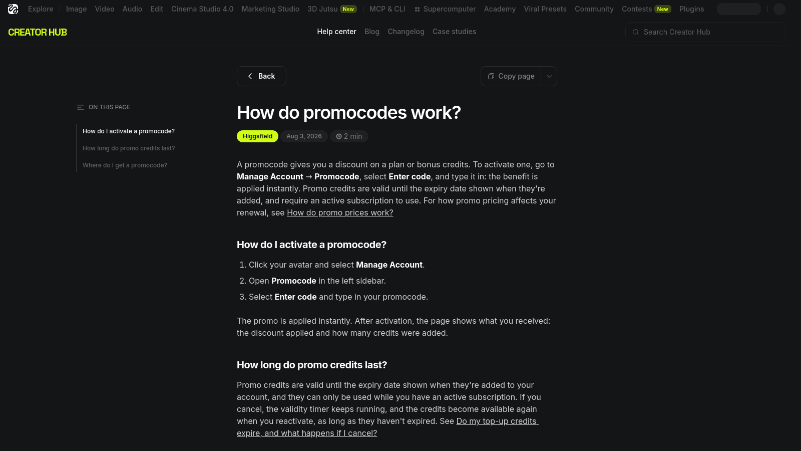 Higgsfield Creator Hub help center documentation page explaining how to activate and use promotional codes.