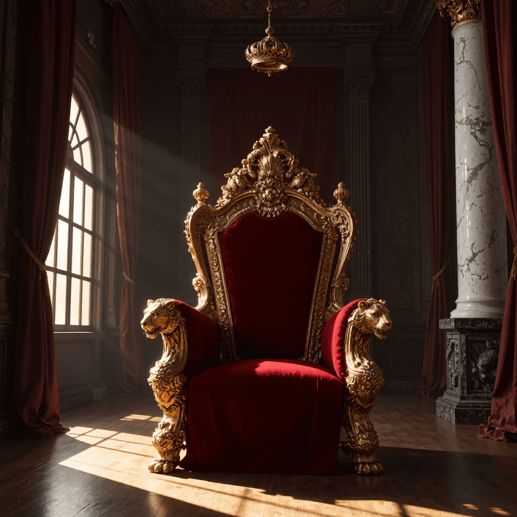 product photography of ornate throne chair with a crown