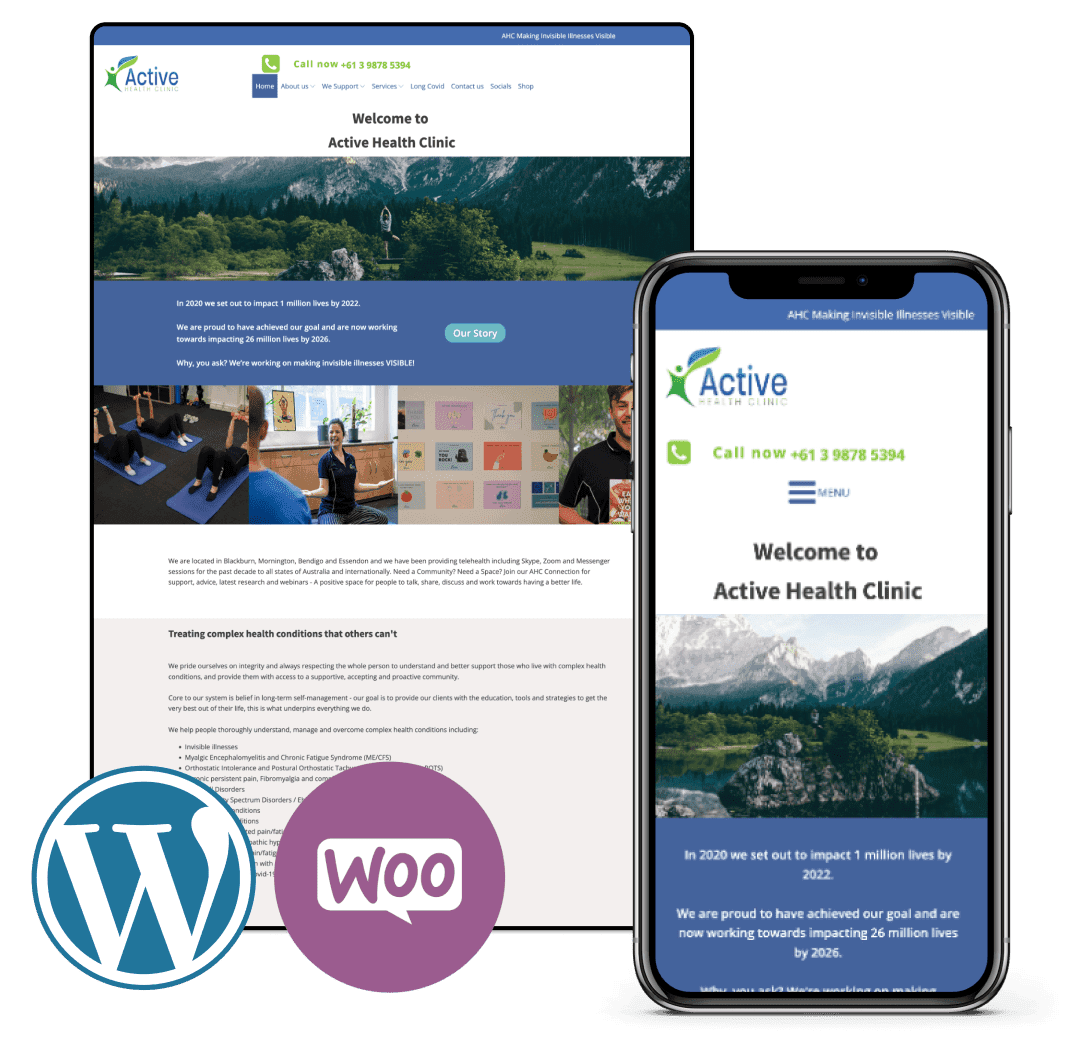 Screenshot showcasing the Active Health Clinic website before and after WordPress to Shopify migration, illustrating seamless web design improvement.