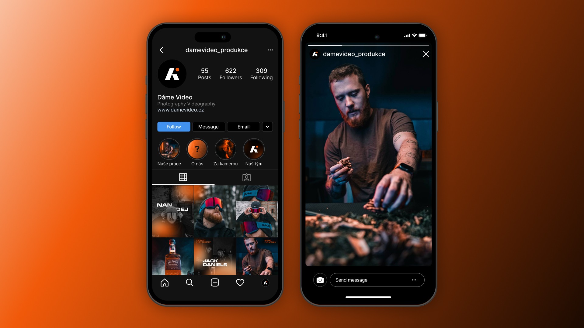 Dva telefony zobrazující IG profil Dáme Video