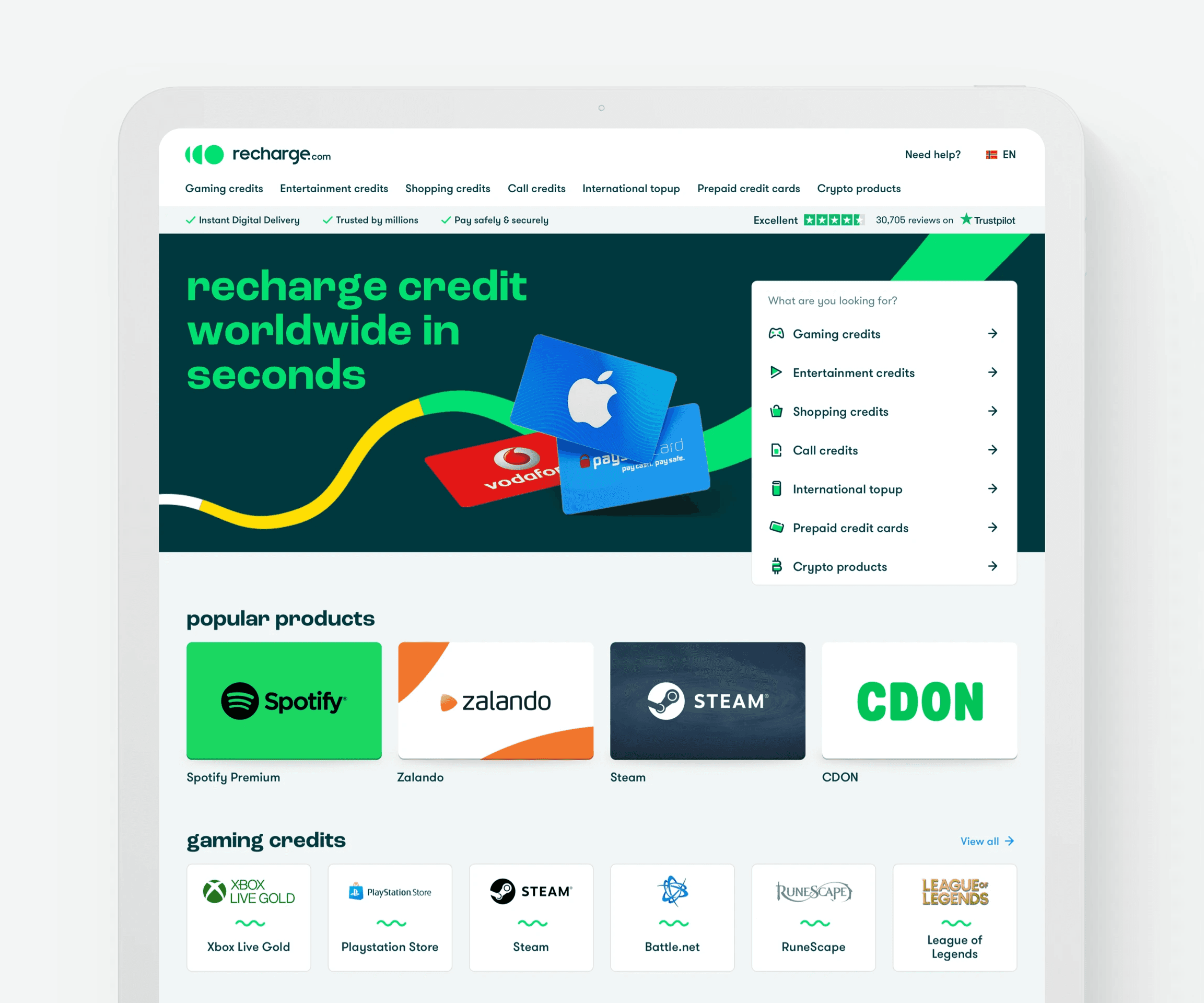 Recharge.com — desktop interface showing the Recharge.com home page — Soda Studio case study
