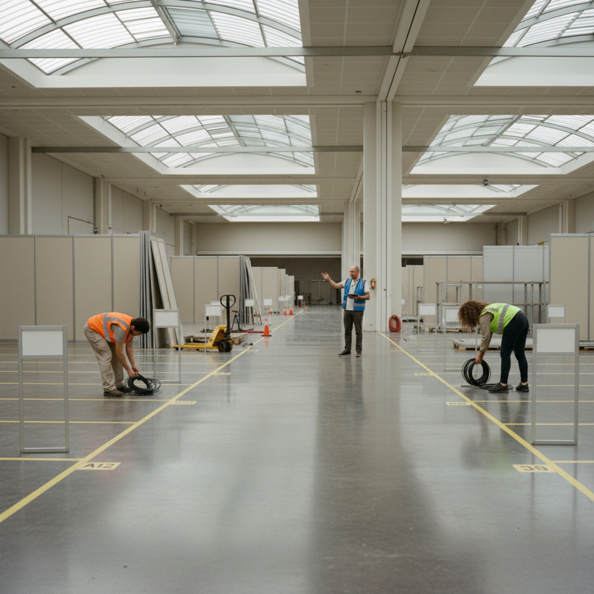 Eine weite Messehalle zeigt klar abgeklebte Standnummern und modulare Segmente auf dem Boden. Ein Team stellt kleine Schilder an die Kanten, während ein Supervisor Wege freigibt. Die Szene vermittelt Ordnung und unmittelbare Sichtbarkeit von verfügbaren Flächen.