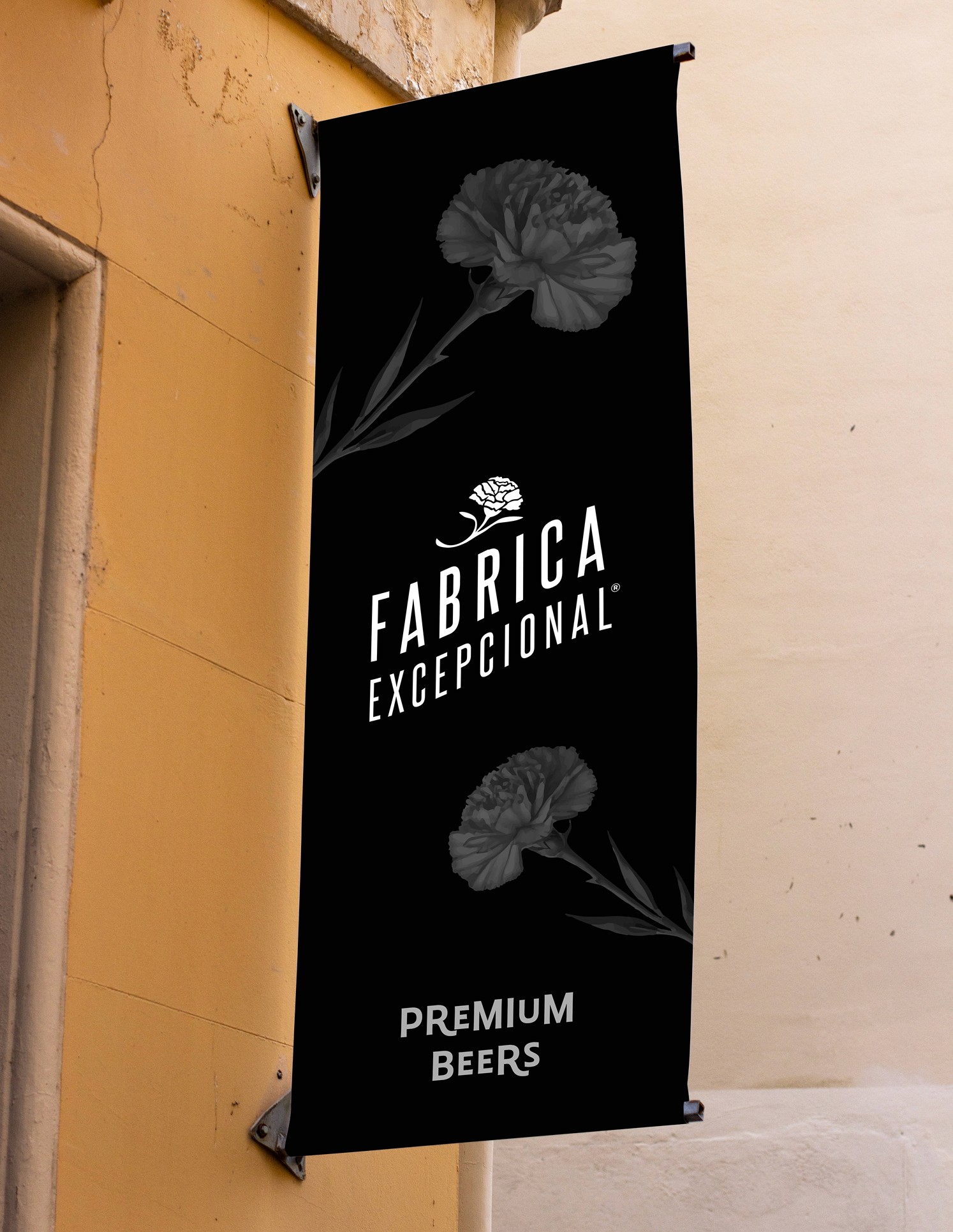 Black wayfinding and venue signage featuring custom Fabrica Excepcional typography and artwork