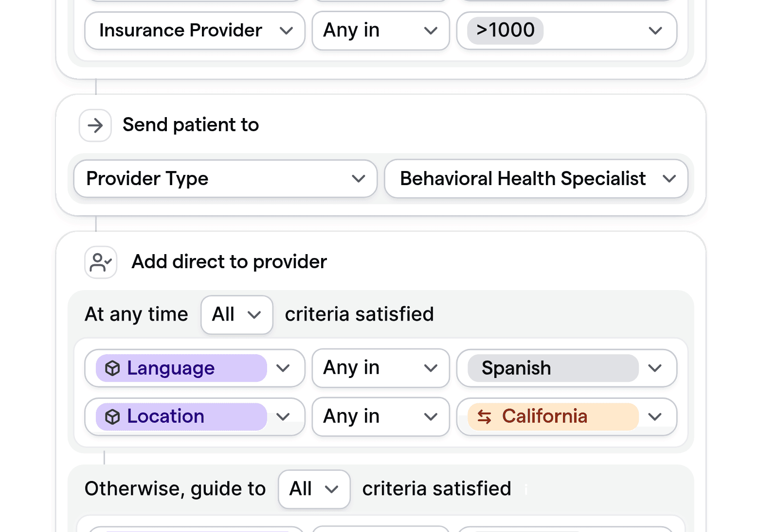 Customizable routing logic for telehealth, showing form logic based on insurance, language, and provider type.
