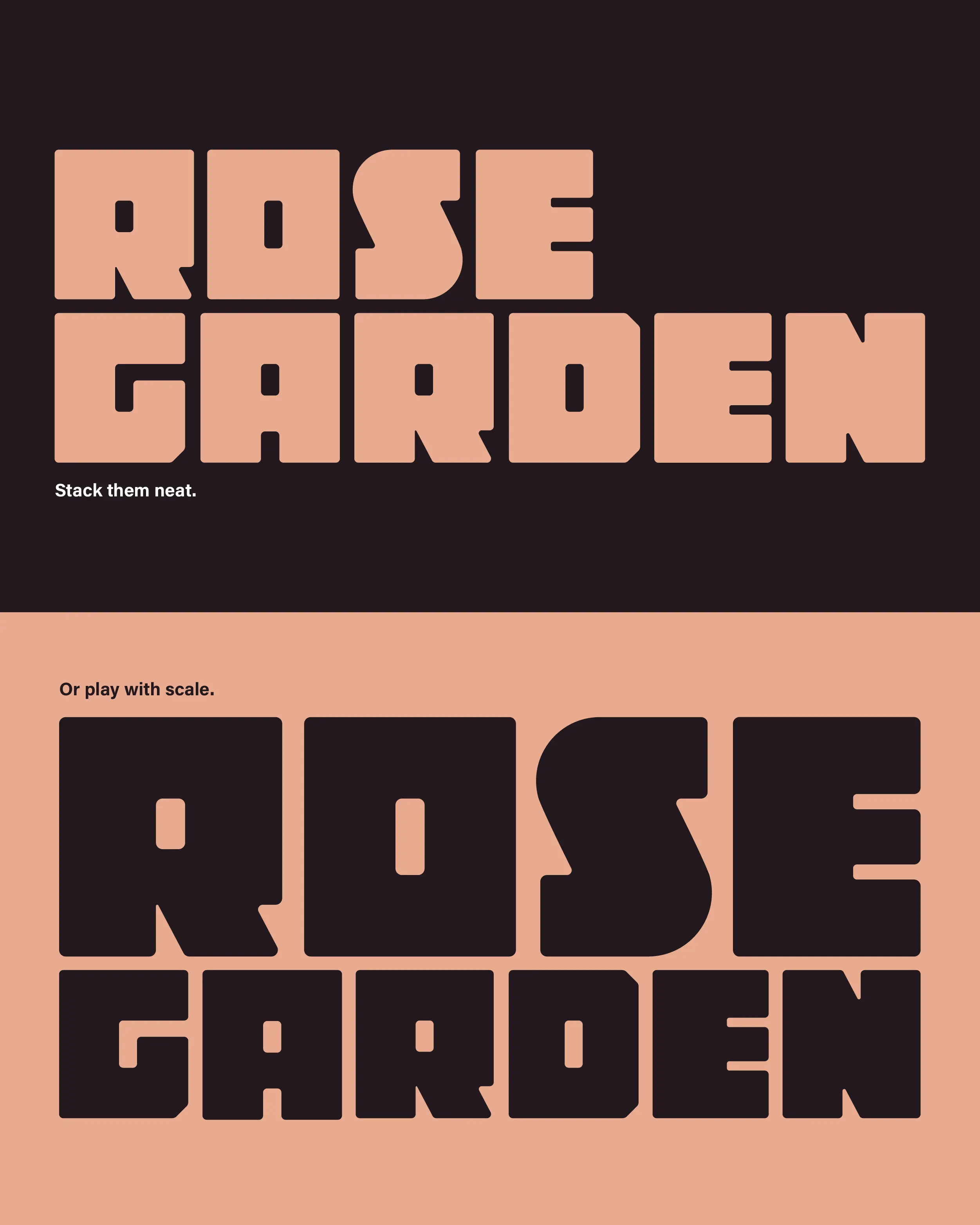 Font sample showing the words “Rose Garden” to demonstrate scale and full-word usage of the typeface.