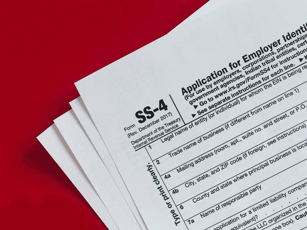 Close-up of Form SS-4 for applying for an Employer Identification Number (EIN) from the IRS, used by foreign-owned USA LLCs.