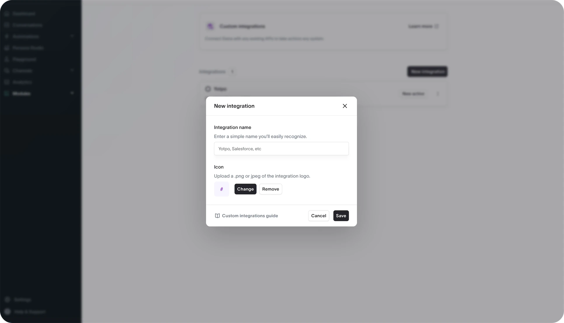 A 'New Integration' box in the Siena AI dashboard lets you name a custom integration, choose an icon, and save or cancel.