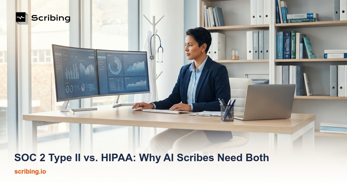 Illustration comparing SOC 2 Type II and HIPAA compliance frameworks for AI medical scribes across multi-site healthcare organizations