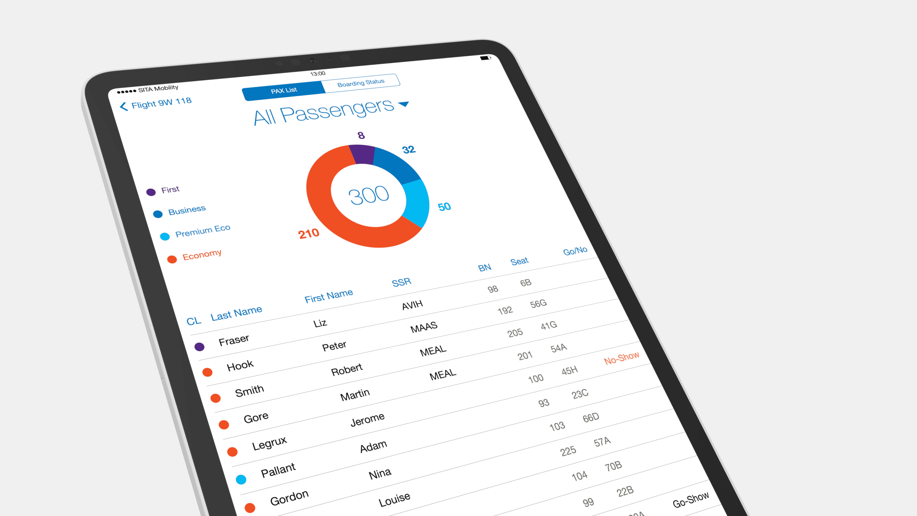 Screenshot of the passenger list UI in SITA Airside