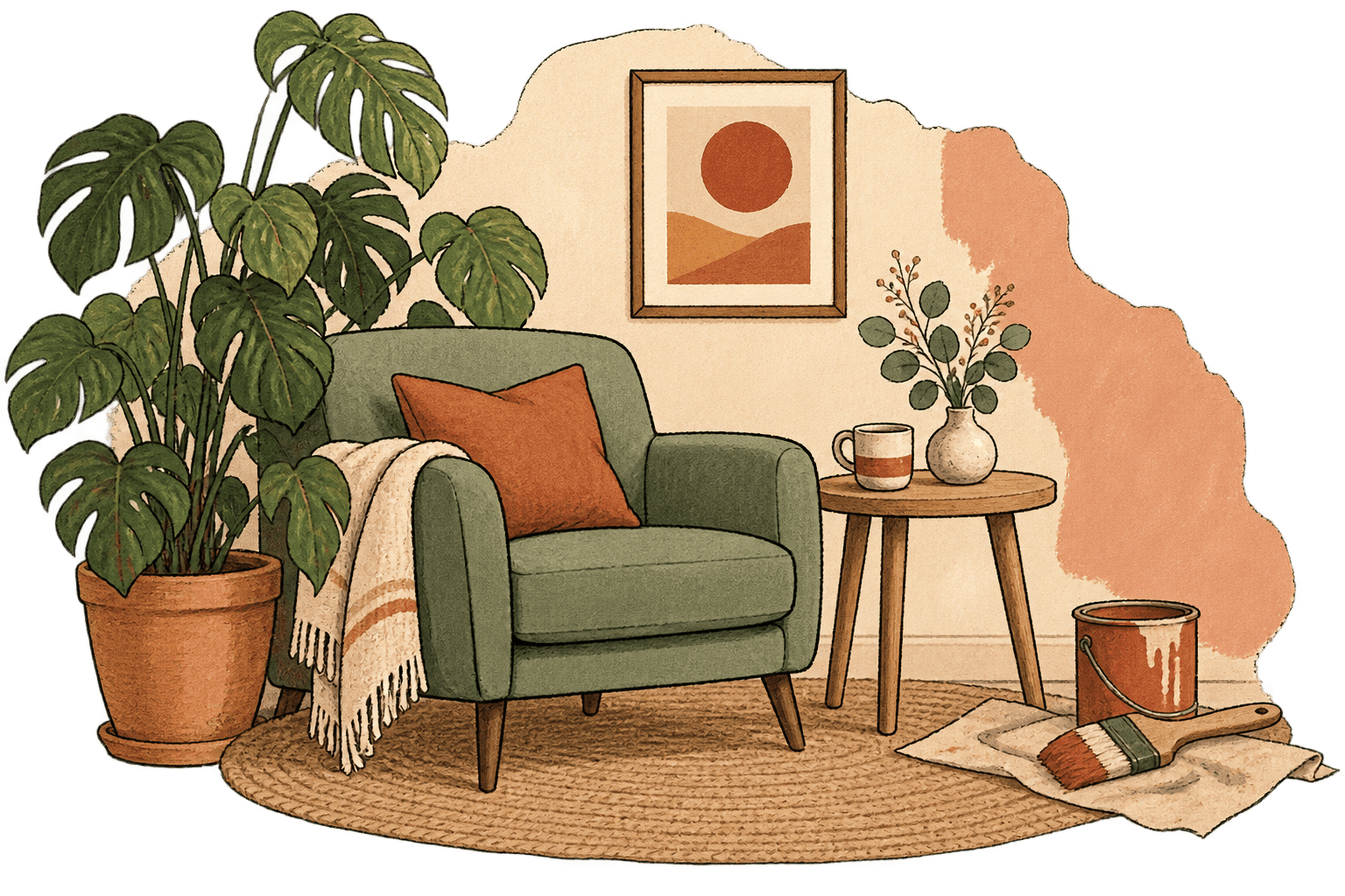 Illustration einer gemütlichen Wohnecke mit Sessel, Pflanzen und frischer Wandfarbe