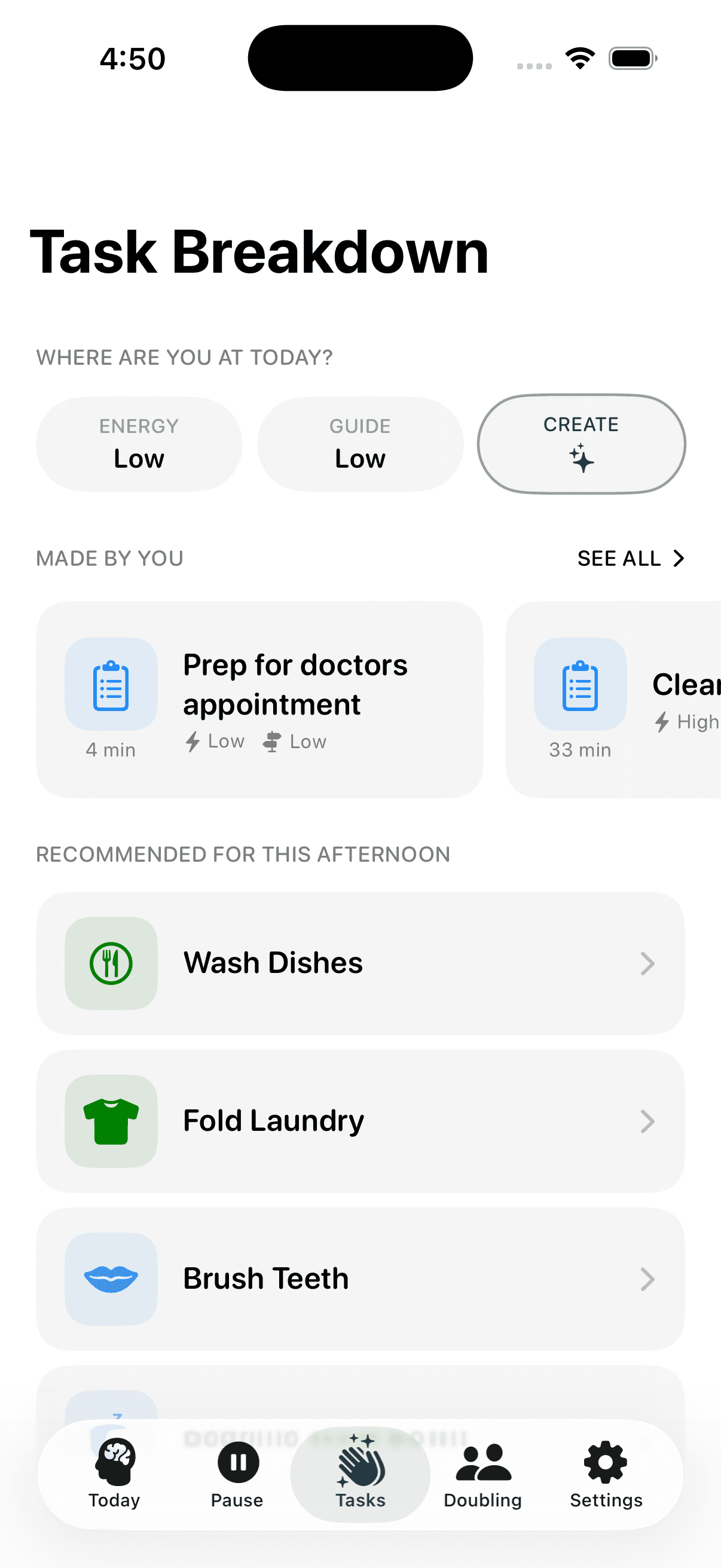 Task breakdown screen, energy selector and guide set to low, prep for doctors appointment session button