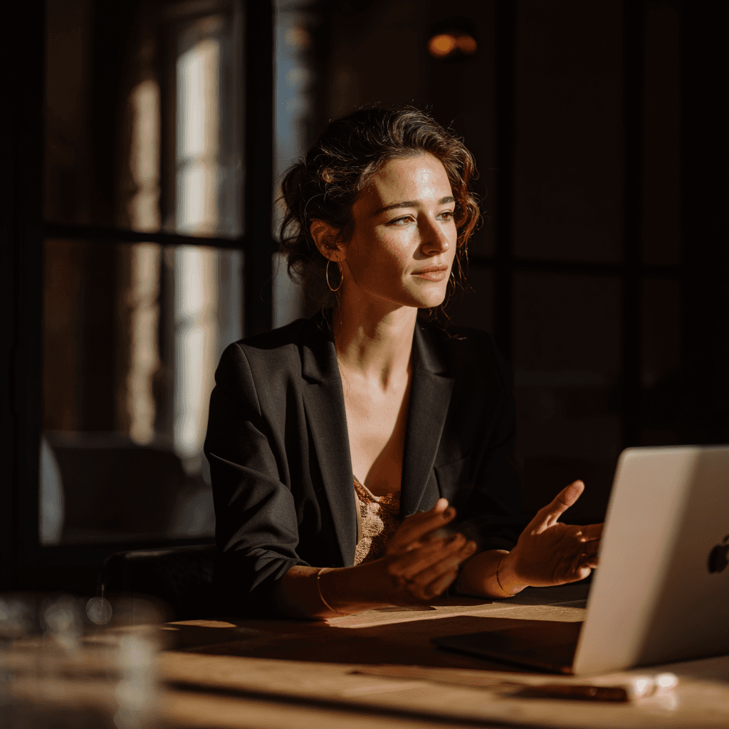 A person wearing a cap gestures while sitting at a desk with a laptop and phone in a dimly lit room.