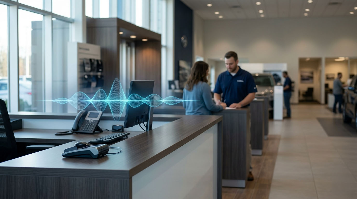 Voice agent waveform hovering over a dealership front desk
