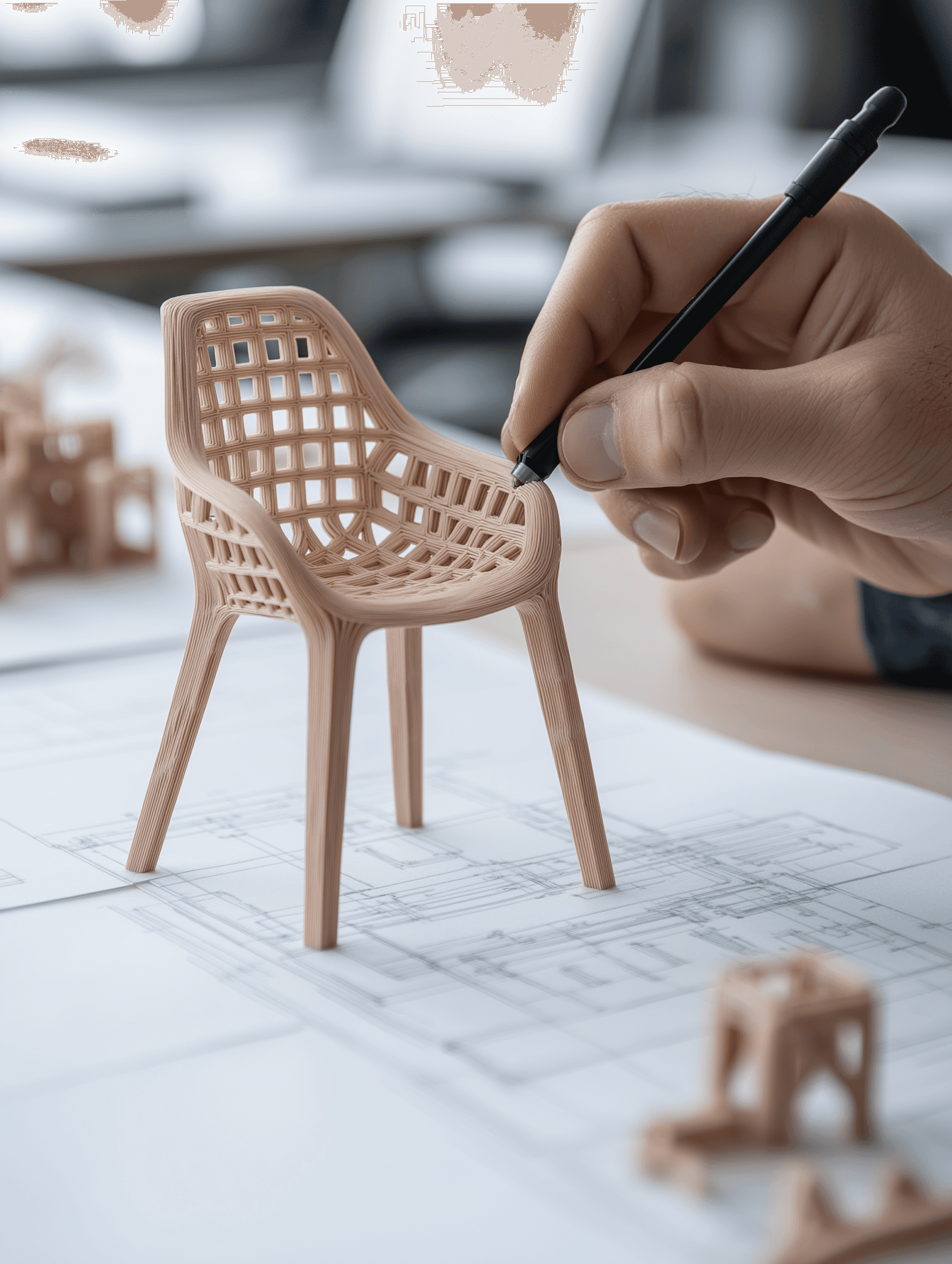 Designer sketching a chair beside a scale model