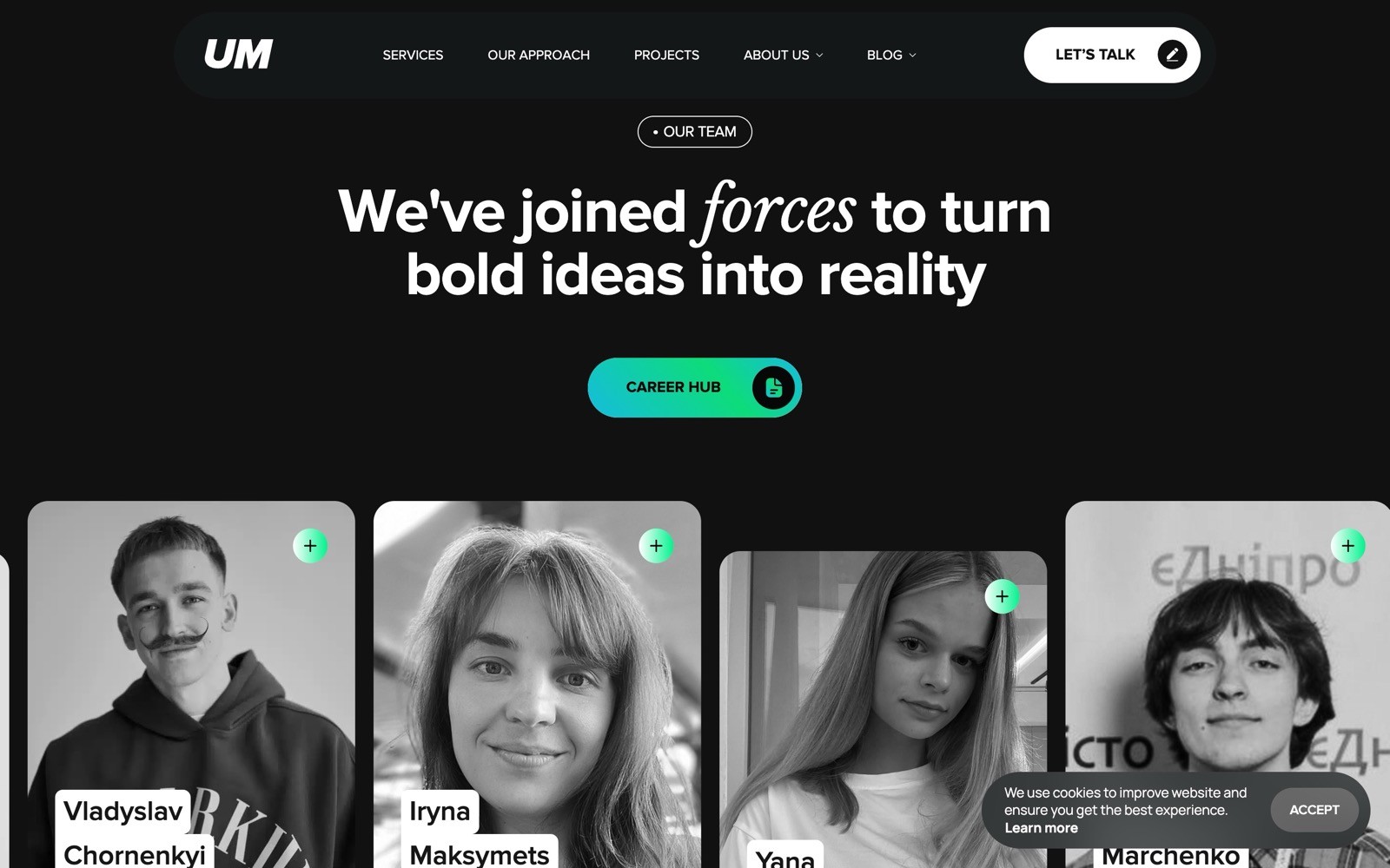 Black and white website with a headline: "We've joined forces to turn bold ideas into reality." Profiles of four team members below.