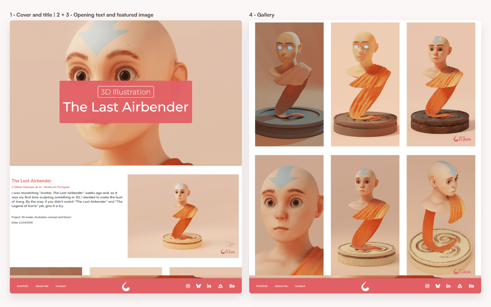 Two long screenshots of the previous project page: one showing the cover, opening text, and featured image; the other showing the gallery grid.