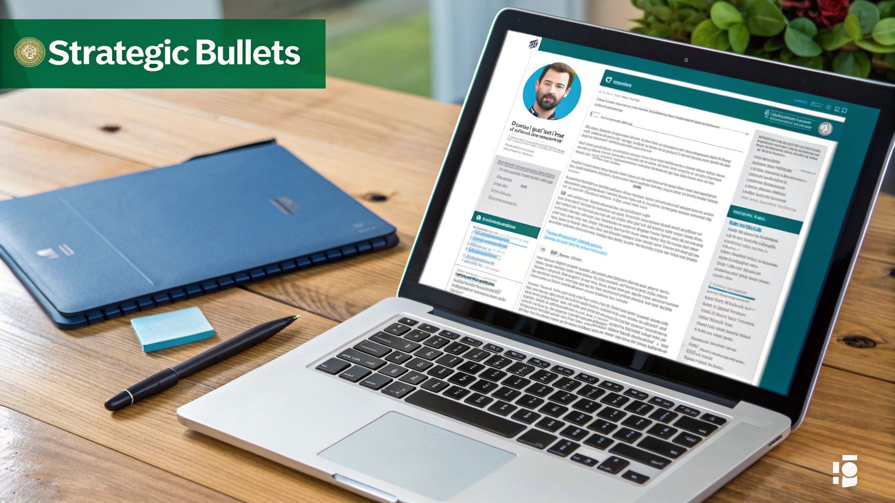 A laptop displaying a professional profile with a man's photo on a wooden desk with a folder and pen.