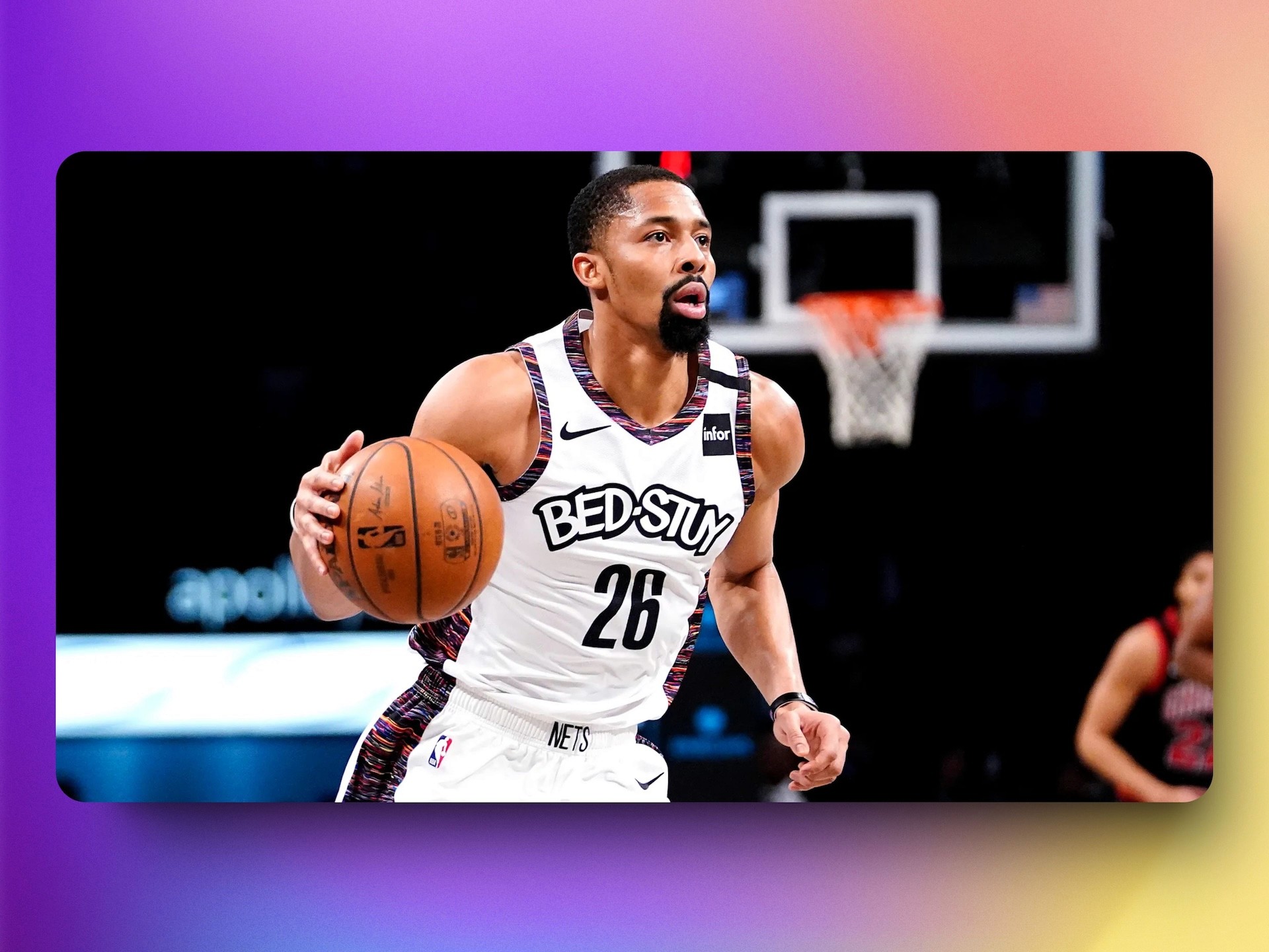 Spencer Dinwiddie number 26 Brooklyn Nets Bed-Stuy city edition jersey dribbling basketball during NBA game on purple gradient background